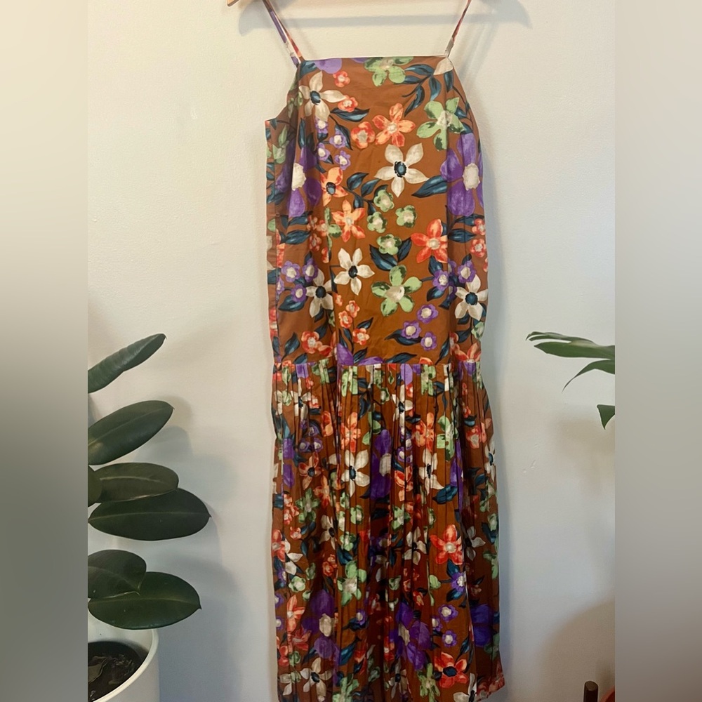Anthropologie Brown Floral Drop Waist Sundress with Pleated skirt